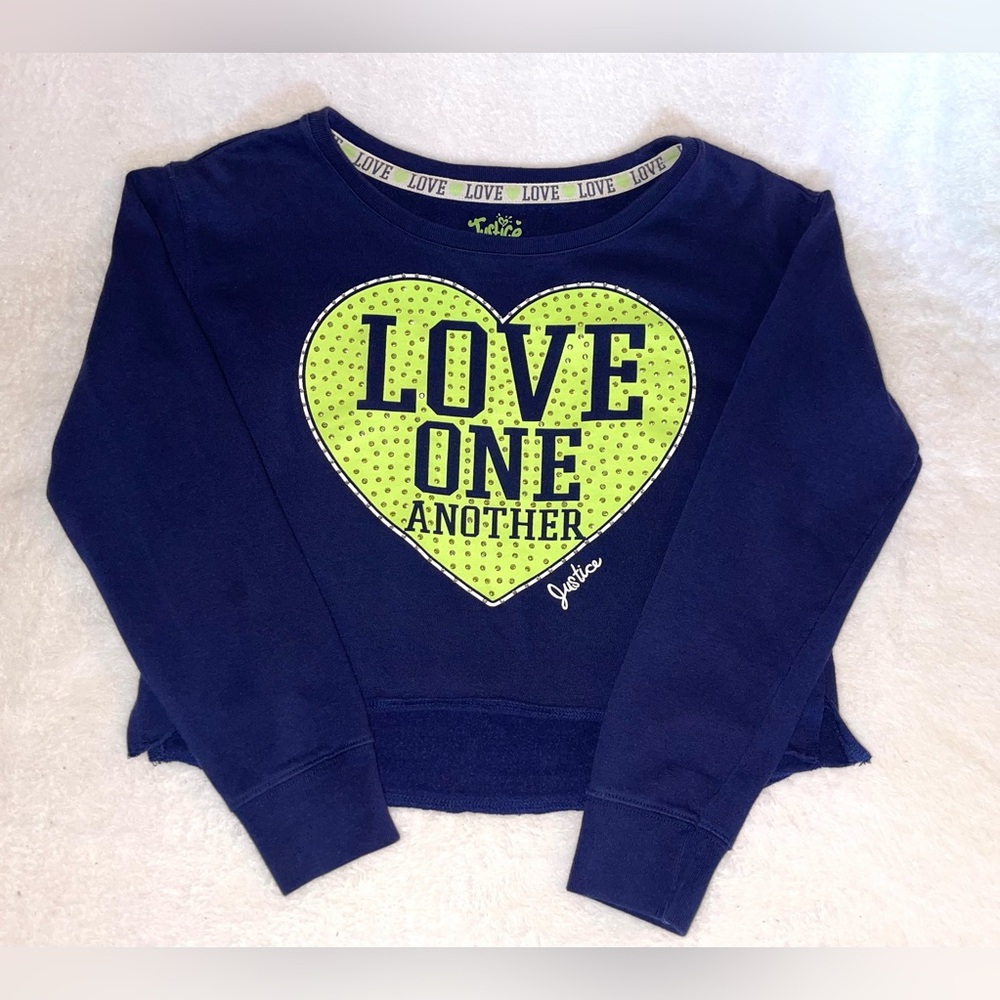 Justice Girls Size 16 Navy Blue Long Sleeved “Love One Another” Shirt